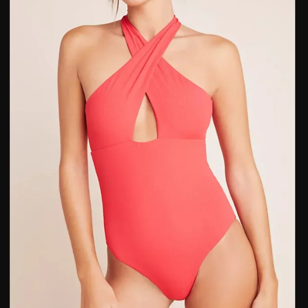 Anthropologie Onia Nicole Ribbed One-Piece Swimsuit Red‎ Rock Medium NWT